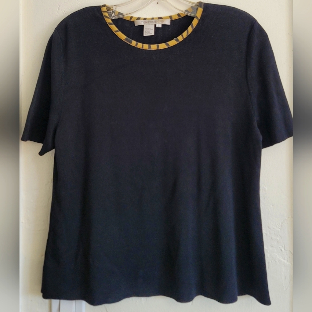 Compositions True Black Silk Knit Short Sleeve Leopard Trim Sweater Size Large